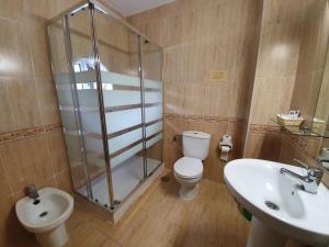 ein Badezimmer mit Dusche, Toilette und Waschbecken in der Unterkunft Los Acebos Cangas in Cangas de Onís + 29 Fotos
