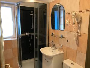 a bathroom with a shower and a sink at Penzion Trampska Bouda in Abertamy +31 photos