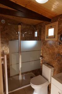 a bathroom with a toilet and a shower and a tub at Ocean View Cottage in Ponta do Pargo