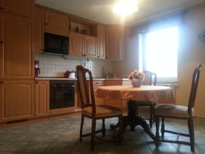 a kitchen with a table with chairs and a window at Rostock Übernachtung in Rostock