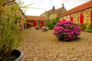 um jardim com flores cor-de-rosa num caminho de cascalho em Spangle Cottage, Borrowby Farm Cottages em Staithes