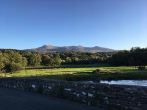 a stone wall and a field with mountains in the background at Aber Cottage B&B in Dolgellau