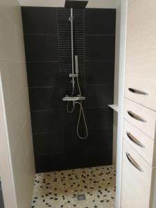 ein Bad mit einer Dusche mit schwarzen Fliesen in der Unterkunft Maison lumineuse in Les Herbiers + 10 Fotos