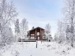 VeskoniemiにあるHoliday Home Aamunkoi by Interhomeの雪の中の木々の丸太小屋