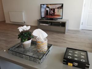 a living room with a table with flowers and a tv at Mycosy At The Ocean in Aberdeen