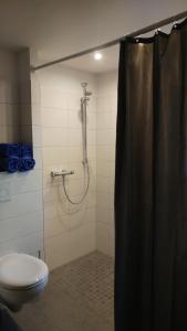 a bathroom with a shower with a toilet and a shower curtain at Ferienwohnung Gartenblick in Worpswede +10 photos