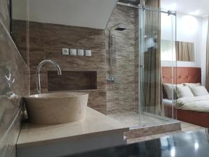 a bathroom with a sink and a shower at Apartments Villa White House in Pančevo +84 photos