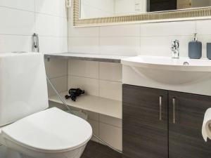 a bathroom with a white toilet and a sink at Holiday Home Maaruska a by Interhome in Äkäslompolo +10 photos