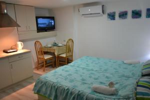 a bedroom with a bed and a table and a television at Honey Home by KOSTOSKI INN in Prilep