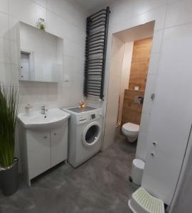 łazienka z pralką i umywalką w obiekcie Apartament Na Franciszkańskiej w Szklarskiej Porębie