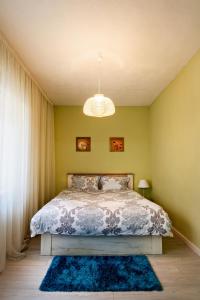 a bedroom with a bed with a blue rug at Sunrise Republicii (Old Center) in Braşov