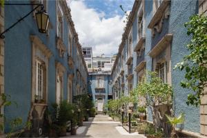 een steegje tussen twee blauwe gebouwen met potplanten bij Azul Cordoba By The Local Way in Mexico-Stad