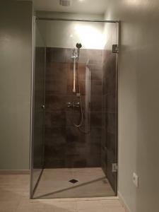 a shower with a glass door in a bathroom at Capuccino in Sofia