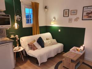 a living room with a couch and a television at L'Appart' à la Mer in La Guérinière