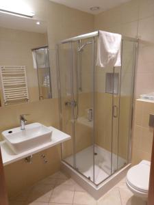 a bathroom with a shower and a sink at Hotel Astra in Dąbrowa Górnicza