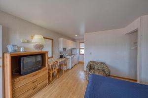a living room with a television and a kitchen at Sea Spray Motel in Beach Haven