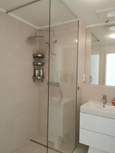 een badkamer met een glazen douche en een wastafel bij Apartment am Belvedere Vienna in Wenen
