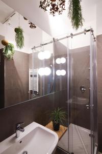 a bathroom with a shower and a sink and a mirror at Seaview Apartments in Palermo