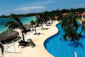 una piscina con palmeras en una playa en Gorgeous hideout, close to tourist attractions in Jamaica en Belle Air Summit