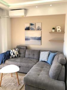 salon z szarą kanapą i stołem w obiekcie Apartments M, Kallikratia w miejscowości Nea Kallikratia