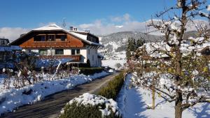 a house in the snow with a snow covered path at Appartements Tirol in San Lorenzo di Sebato
