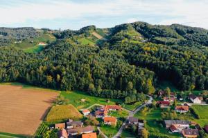 una vista aérea de un pueblo en las montañas en Winzerhof Strablegg, en Großklein