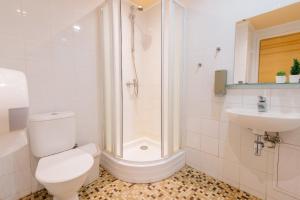 La salle de bains est pourvue d'une douche, de toilettes et d'un lavabo. dans l'établissement Atpūtas parks Lācītes, à Gulbene