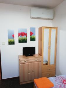 Penzion Horka في Horka nad Moravou: غرفة نوم بها خزانة ولوحتين على الحائط