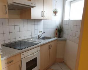 a kitchen with a sink and a stove top oven at Ferienwohnung Punkt-Schönstein in Kappel-Grafenhausen