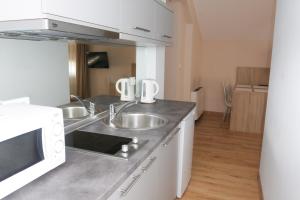 una cucina con due lavandini e un forno a microonde di Hotel Logavina 8 Garage Parking a Sarajevo