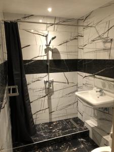 La salle de bains en noir et blanc est pourvue d'un lavabo et d'une douche. dans l'établissement Royal Hotel, à Bruxelles