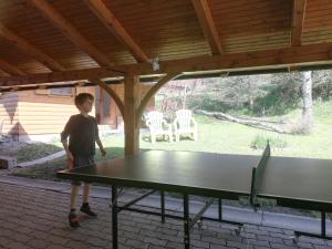 a boy standing in front of a ping pong table at Guest House Kveder in Škofja Loka