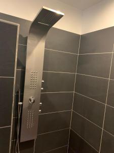 a bathroom with a shower with black tiles at Ferienwohnung Gehl in Monzingen