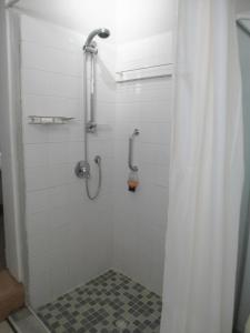 une douche avec un rideau de douche dans une salle de bain dans l'établissement "La Couronne", à Johannesbourg