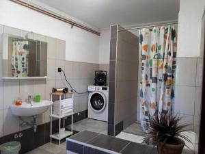 y baño con lavabo y lavadora. en Synergy Deluxe Apartments, en Sečovlje