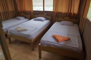 two twin beds in a room with a window at CABAÑA Amazon LODGE in Iquitos