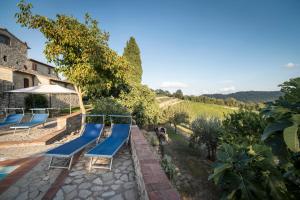 - deux bancs bleus installés dans un jardin dans l'établissement Collelungo, à Castellina in Chianti