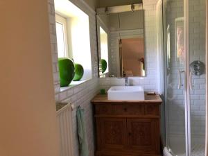 La salle de bains est pourvue d'un lavabo et d'un miroir. dans l'établissement Les Gîtes Ecosphère, à Genappe