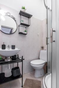 a bathroom with a toilet and a sink and a mirror at Apartment 11 in Sofia +43 photos