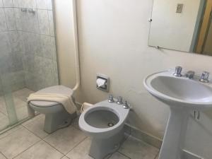 a bathroom with a toilet and a sink at Hotel Solar Flores in Alegrete