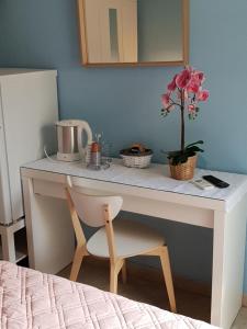 białe biurko z krzesłem i kwiatem w obiekcie CUCARACHA BUNGALOW w Katanii