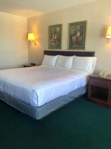 a large bed in a hotel room with two pictures on the wall at Osage Village Inn in Osage Beach