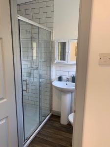uma casa de banho com uma cabina de duche em vidro e um lavatório. em The Garden room em Derry Londonderry