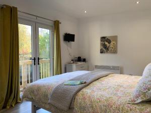 Schlafzimmer mit einem Bett und einer Glasschiebetür in der Unterkunft The Garden room in Derry Londonderry