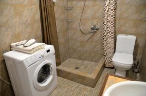 a bathroom with a washing machine and a shower at Natia's apartment on Dadiani st. in Tbilisi City