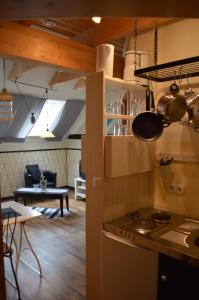 a kitchen with a stove and a living room at Land & Stil in Dorfhagen