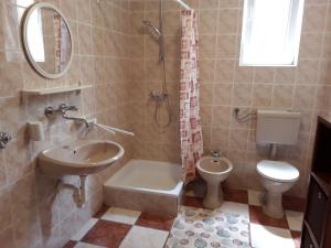 La salle de bains est pourvue d'un lavabo, de toilettes et d'une douche. dans l'établissement Apartments Anna - peaceful and quiet, à Batalaži
