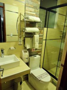 La salle de bains est pourvue de toilettes et d'un lavabo. dans l'établissement San Francisco Cusco Hotel, à Cusco