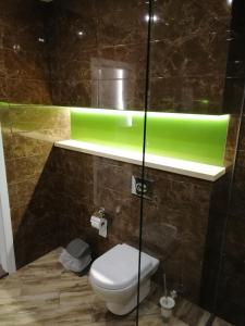 La salle de bains est pourvue de toilettes et d'une lumière verte. dans l'établissement Гостинний Двір, à Bar