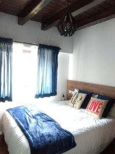 um quarto com uma cama grande e cortinas azuis em Apartamento Ismael em Gausach